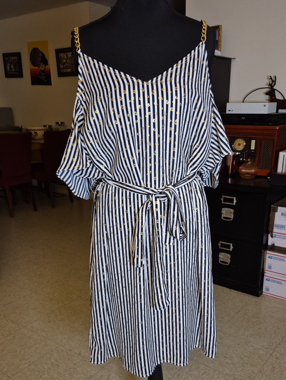 MICHAEL Michael Kors Black, White & Gold One-Shoulder Striped Dress - Picture 1 of 4